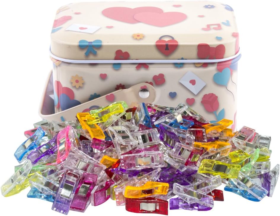 BINGONE Clips with Gift Tin Box for Sewing Binding Quilting Crafting Assorted Colors Pack of 100