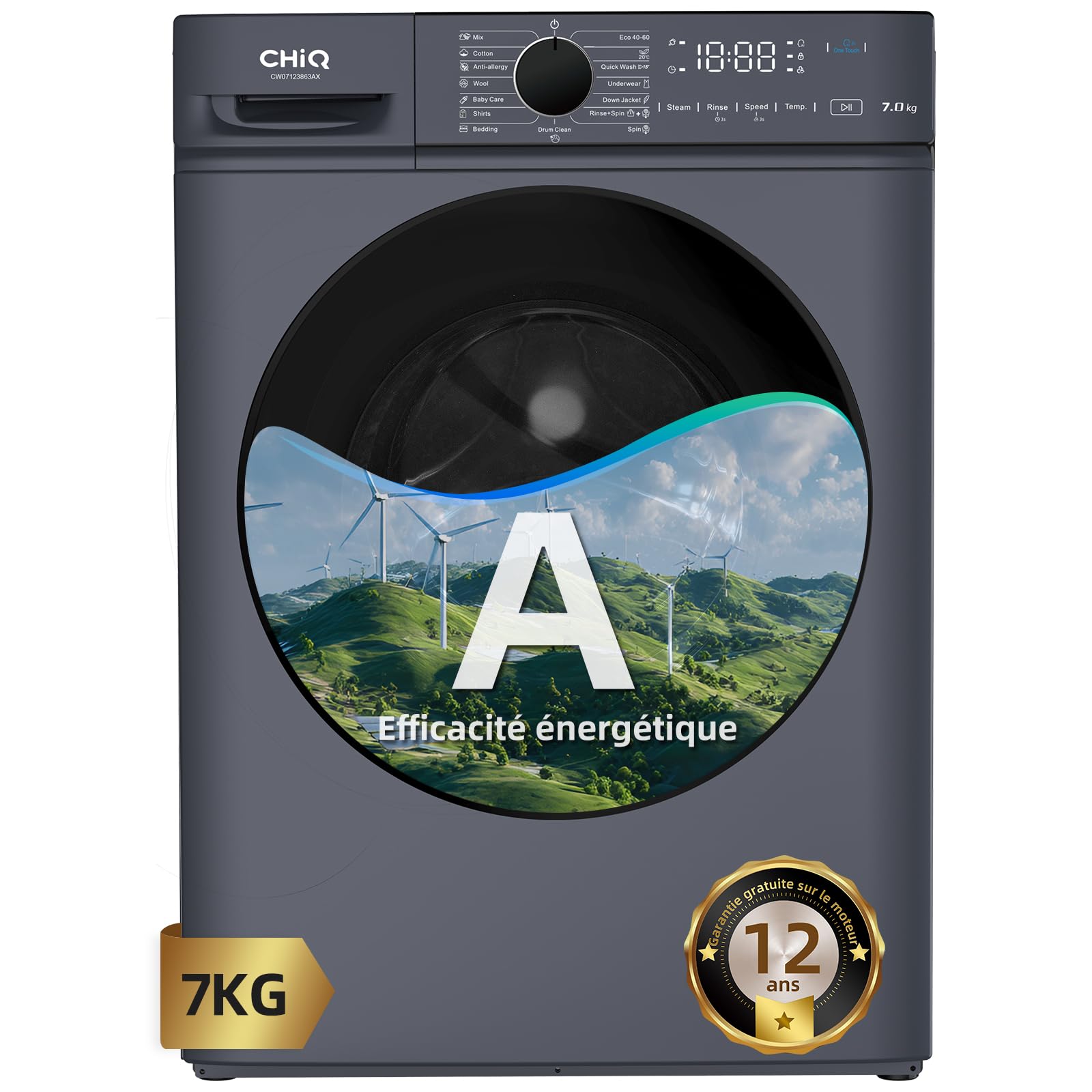 CHiQ Lave linge hublot 7kg Classe énergétique A Moteur BLDC 1200 RPM Lavage vapeur 15 programmes Design compact 60x46.5x85cm Gris