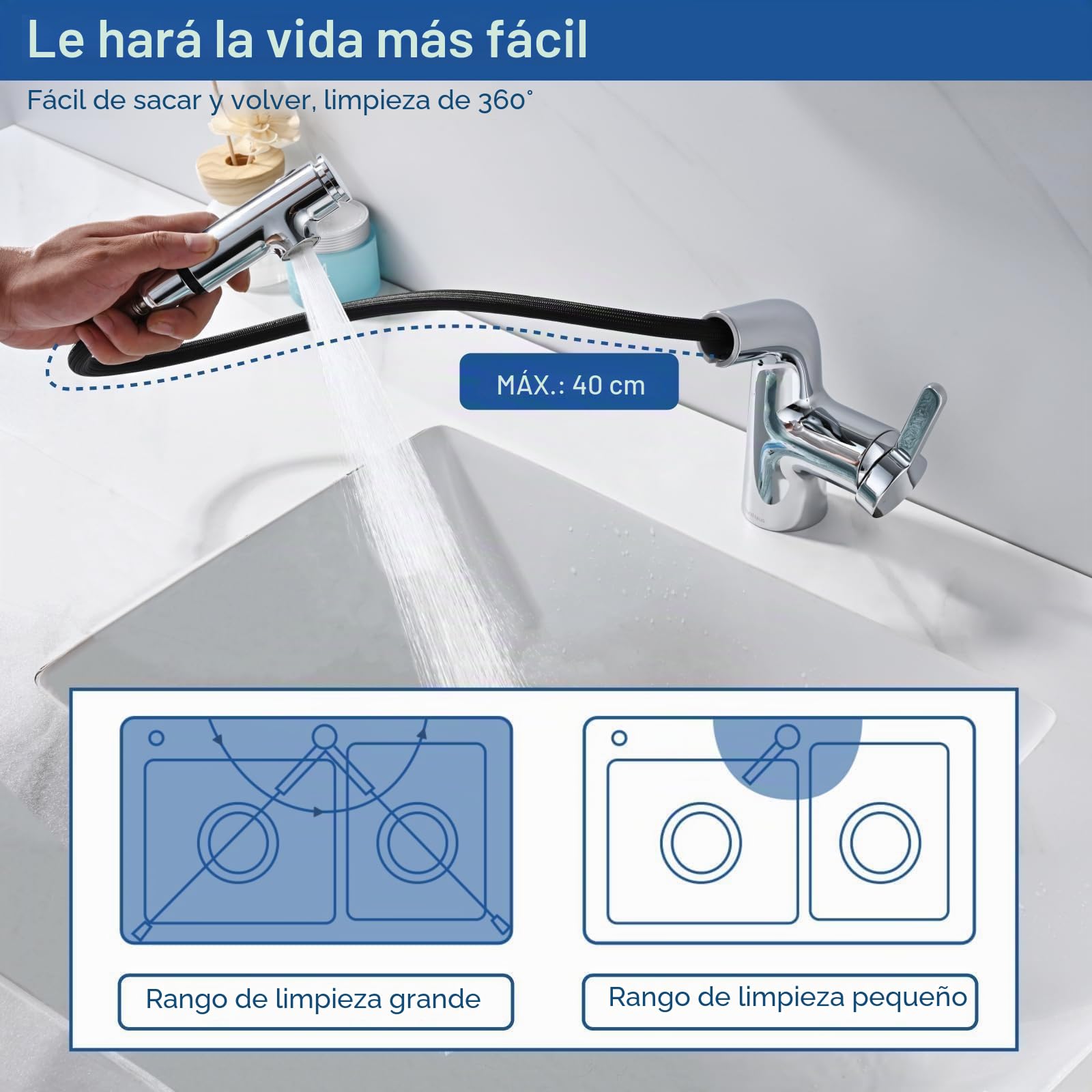 Grifo Lavabo Extraíble, 3 Modos de Chorro, Acabado Cromado | Grifo para lavabo monomando con agua fría y caliente, aireador desmontable y sistema antisalpicaduras