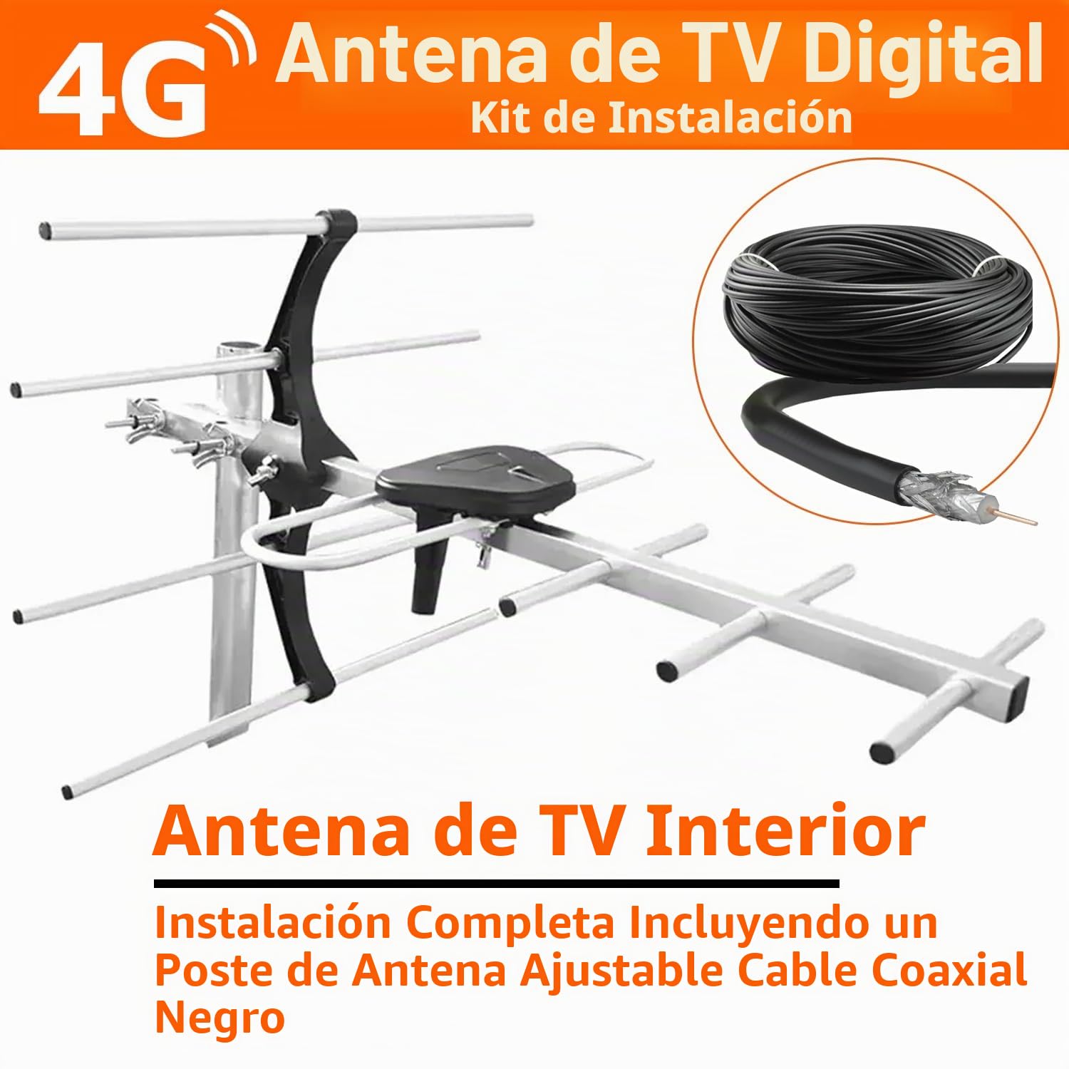 Kit de instalación de antena de TV digital 4G para exteriores, antena de techo para TV digital Smart Freeview HD al aire libre + conector coaxial macho hembra de 10 m RG6 tornillos de fijación de