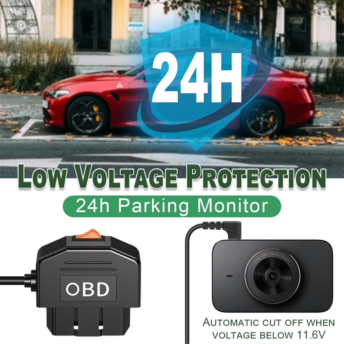 Kabel zasilający OBD do kamery pokładowej, adapter OBD na USB typu C (kąt prosty), stały kabel do ładowania, 12 V/24 V na 5 V 3 A, z przyspieszonym nagrywaniem (3,5 m)