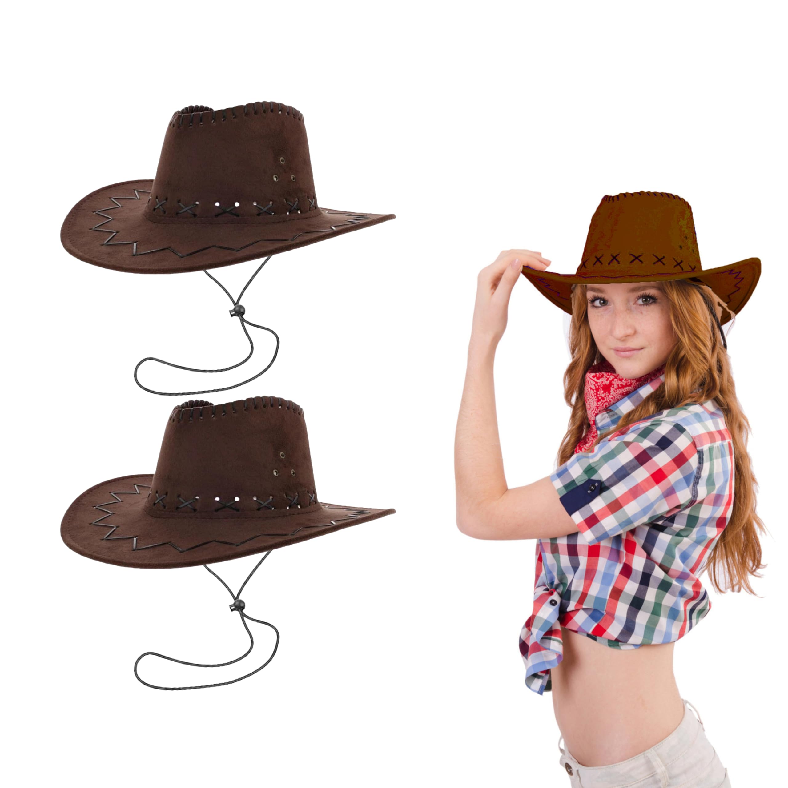 Lizzy 2 x Brown Faux Suede Cowboy Hat Adult with Cross Hatch Stitching Detail Wild West Western Sheriff Mens Womens hat Birthday Halloween Cow Girl Hats Costume for Fancy Dress Accessories