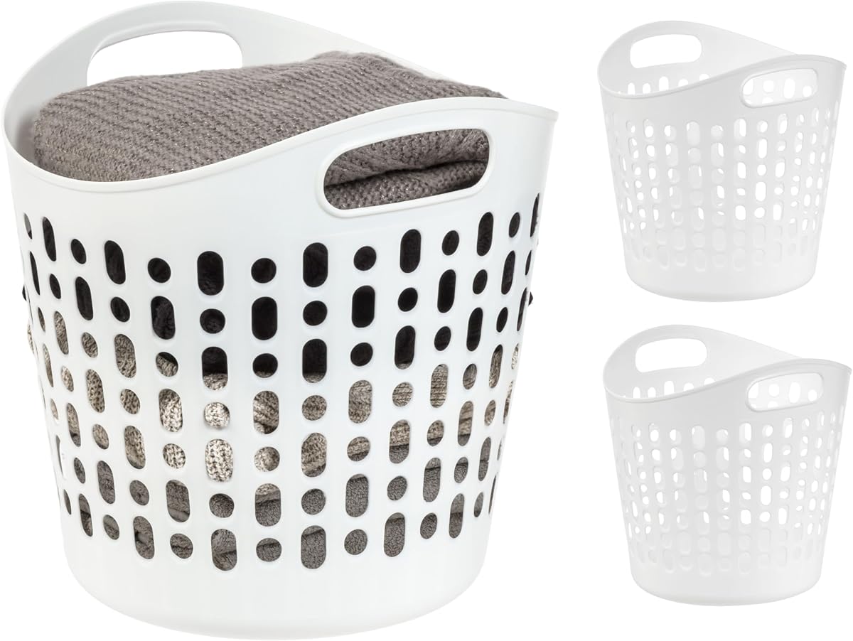 Plastic Laundry Hamper, 27L- 3 PK, Flexible, Ventilation, White | Laundry Baskets for Bedroom Bathroom Apartment Dorm, Blankets Pillows Trinkets Storage