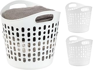 Plastic Laundry Hamper, 27L- 3 PK, Flexible, Ventilation, White | Laundry Baskets for Bedroom Bathroom Apartment Dorm, Blankets Pillows Trinkets Storage
