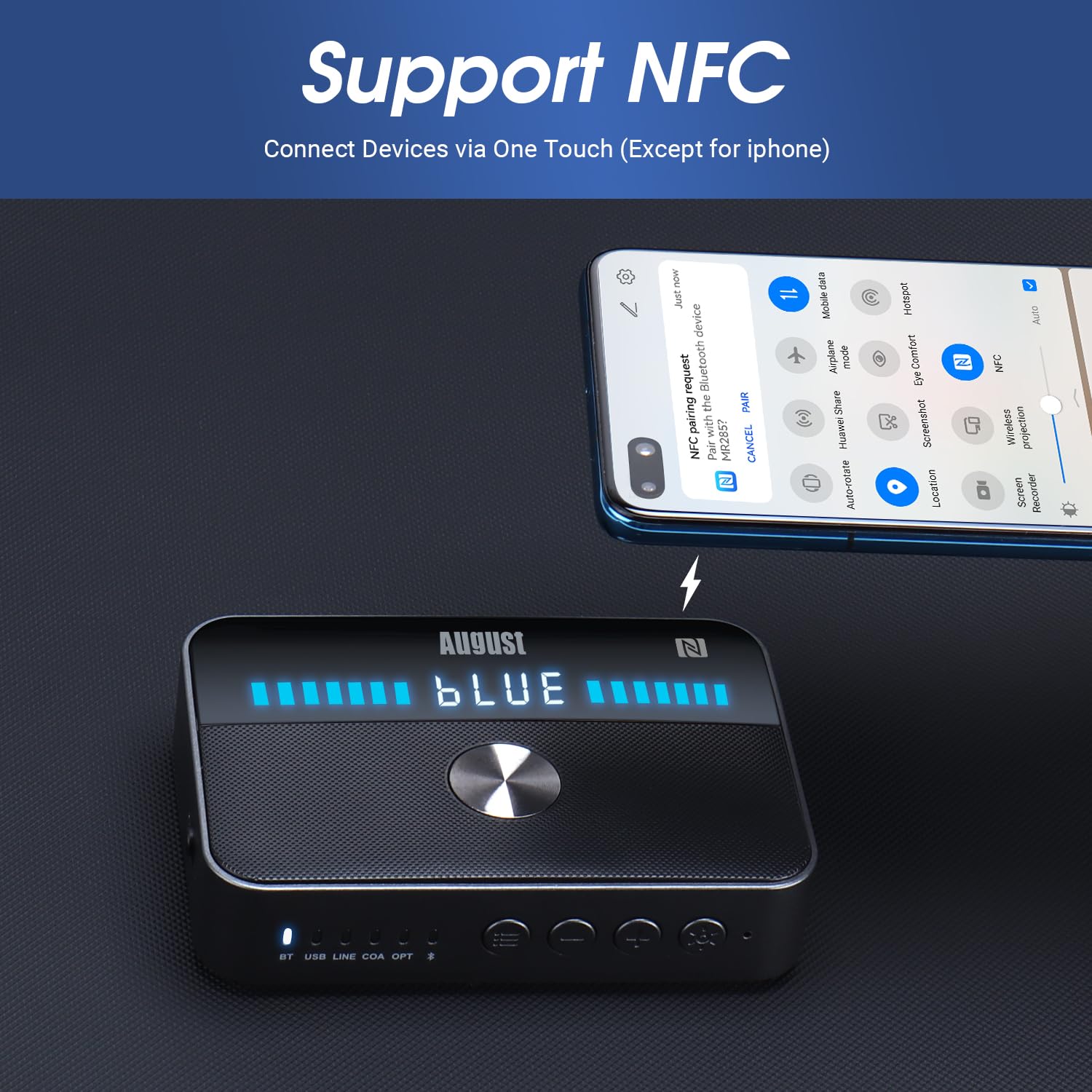 August MR285 Nadajnik i odbiornik Bluetooth ze złączami AUX, RCA, optycznym, koaksjalnym i USB - adapter audio Bluetooth NFC do telewizora, samochodu, słuchawek –wbudowana bateria, podwójne połączenie