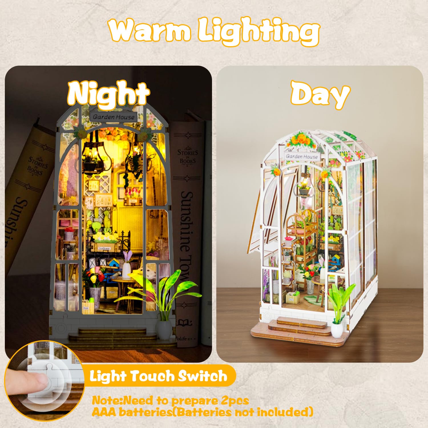 DIY Book Nook Kit Gartenhaus mit Möbeln und LED Lampe,Miniatur Haus,3D Puzzle Booknook Modellbausatz,Diorama Modelbau für Erwachsene,Bücherregal für Deko, für Geburtstag