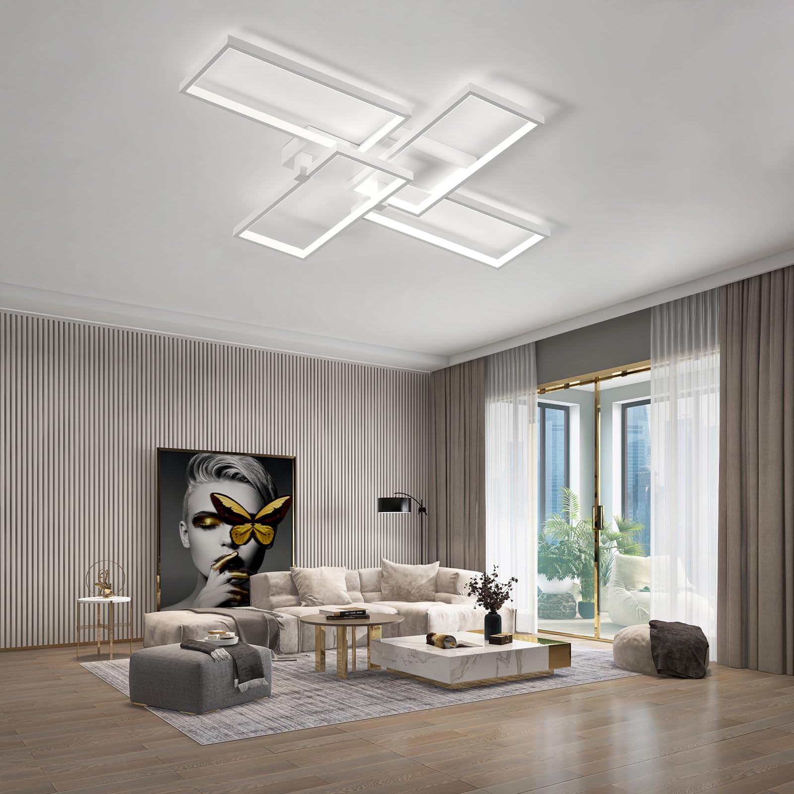 Oświetlenie sufitowe LED Nowoczesne prostokątne lampy sufitowe z pilotem Aluminiowa konstrukcja Oświetlenie wewnętrzne Żyrandol podtynkowy do sypialni jadalni salonu (Biały, 120CM)