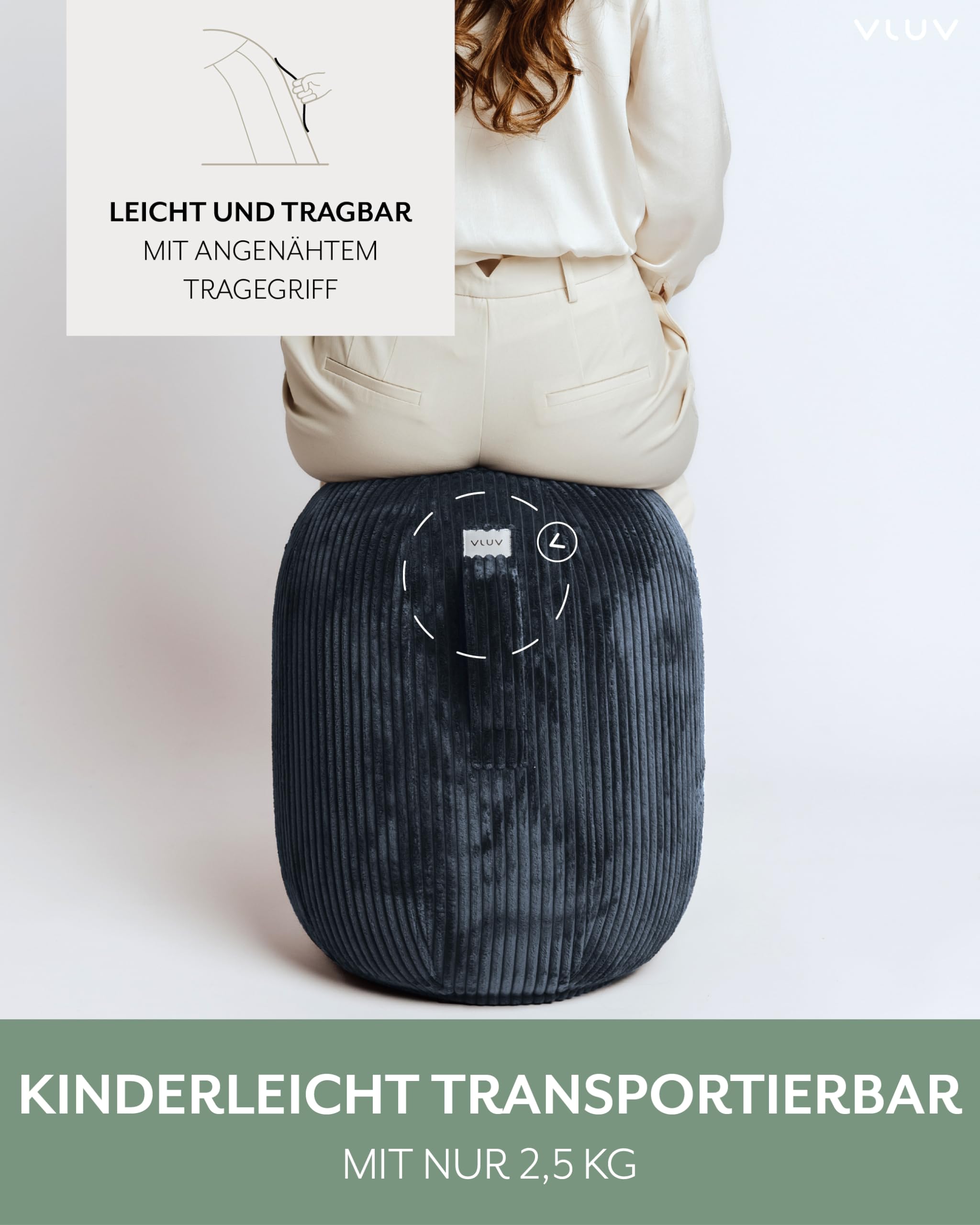 VLUV® KAPSUL VLIP Balance-Kapsel [Atmungsaktiv mit Tragegriff und Wegrollschutz] Waschbarer Stoffbezug | Ergonomischer Hocker | Schreibtischhocker | Wackelhocker | Sitzball Büro Ergonomisch