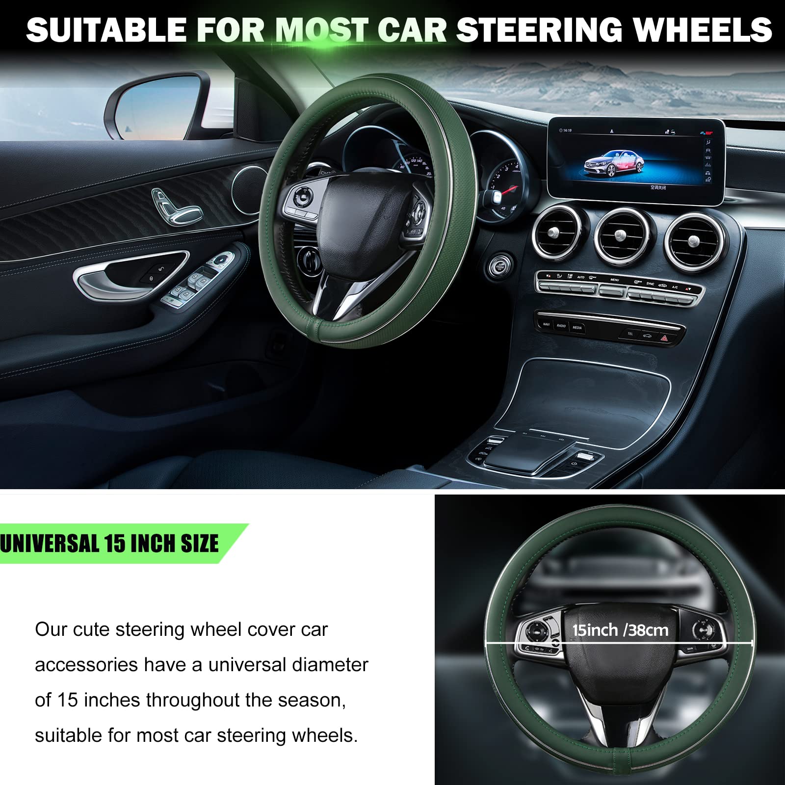 BubabyZZ Green Car Steering Wheel Cover, Anti Slip Breathable Comfort Leather with Silver Bright Fiber Strip, Universal Protector for All Season 15 inch Fit Most Cars