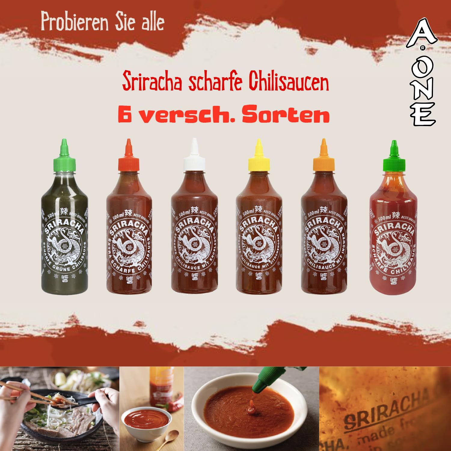 A-ONE Sriracha sos 12 sztuk x 500 ml – sos chili o 6 smakach po 2 butelki – klasyczny, super hot, czosnek, trawa cytrynowa, imbir, zielony – opakowanie ekonomiczne – wegetariański