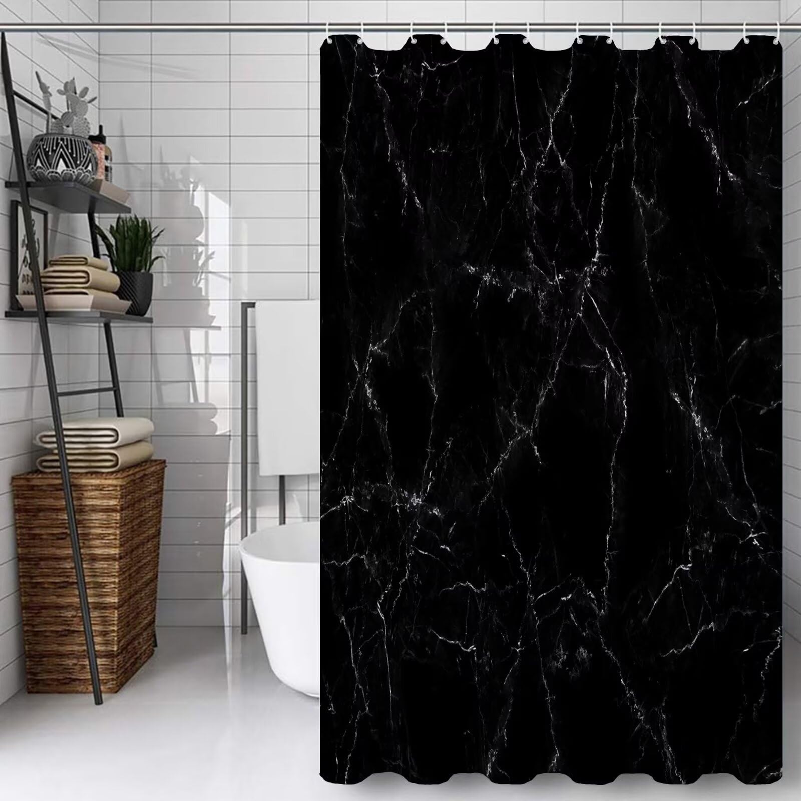 Noir Rideau Douche 180x200cm Rideau de Douche Rétro Shower Curtain – Impression Polyester Tissu – avec 12 Crochets – Tissu Lavable en Machine – Imperméable – pour Salle de Bain – Hôtel D#368