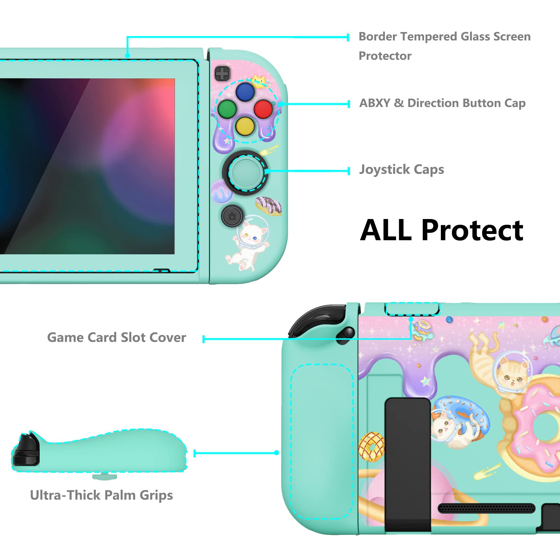 playvital ZealProtect Soft Protective Case for Nintendo Switch, Flexible Cover Protector for Switch with Tempered Glass Screen Protector & Thumb Grips & ABXY Direction Button Caps - Donut Odyssey - 5