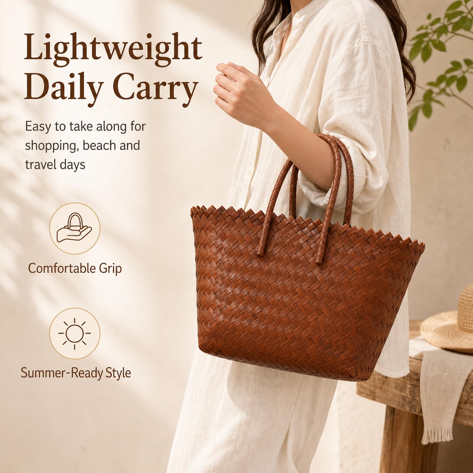 Panier de plages d'été,Grand Panier de Voyage Sac en Paille,Sacs à Main en rotin for Femmes,Sac Cabas en rotin Fait Main,Léger,pour Les Vacances,Les Voyages,la plages