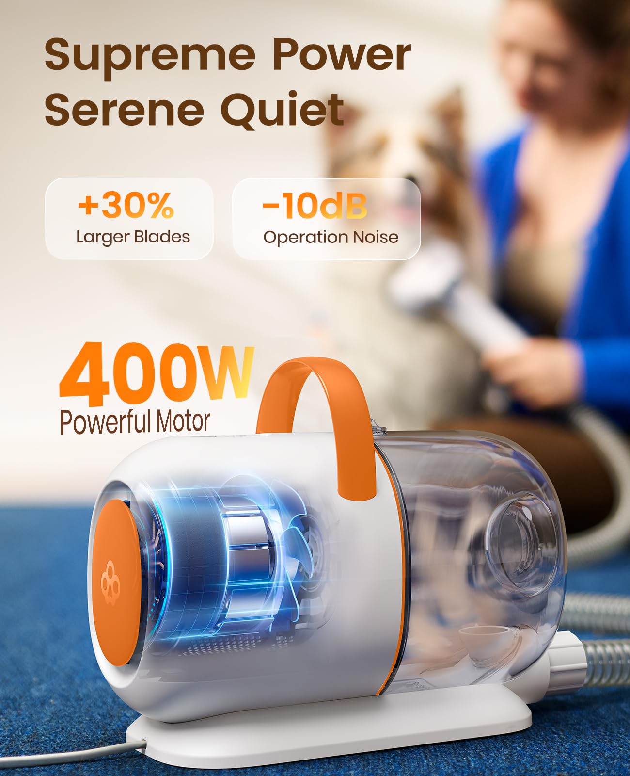 oneisall Aspiradora de aseo para perros – Succión de 15000 Pa, captura el 99% del pelo de mascotas para reducir el desprendimiento, cortaúñas para perros y cepillo silencioso (≤59 dB) con 4 accesorios