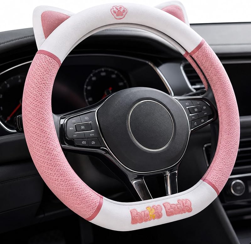 Capa para Volante com Orelhas de Gato YMSHOPE Rosa D, Antiderrapante, em Malha e Flanela, 38 cm
