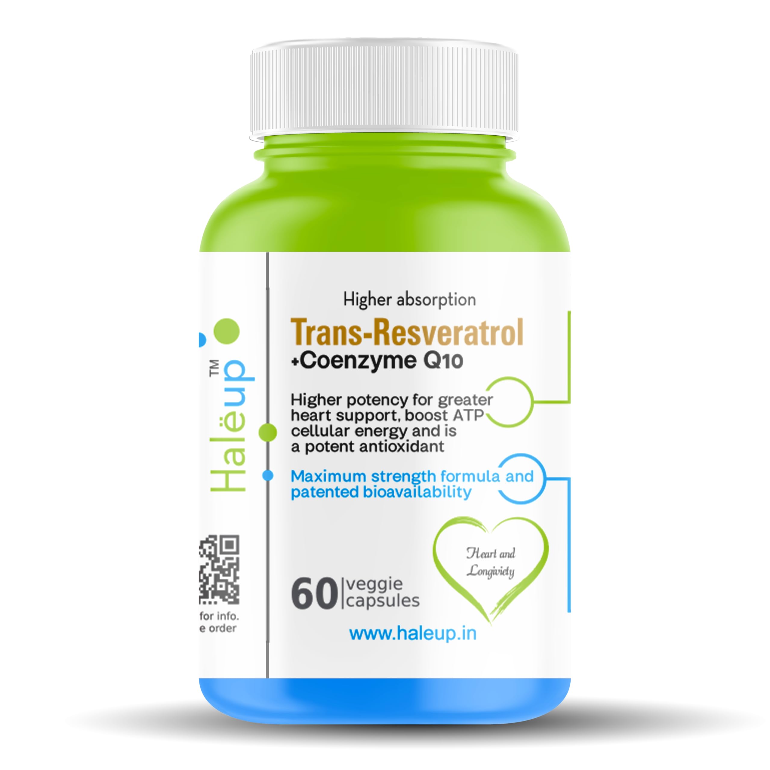 Haleup Trans Resveratrol, 500 mg || 60 capsules II Enriched with Coenzyme Q10 || Healthy Heart|| Brain|| Immunity
