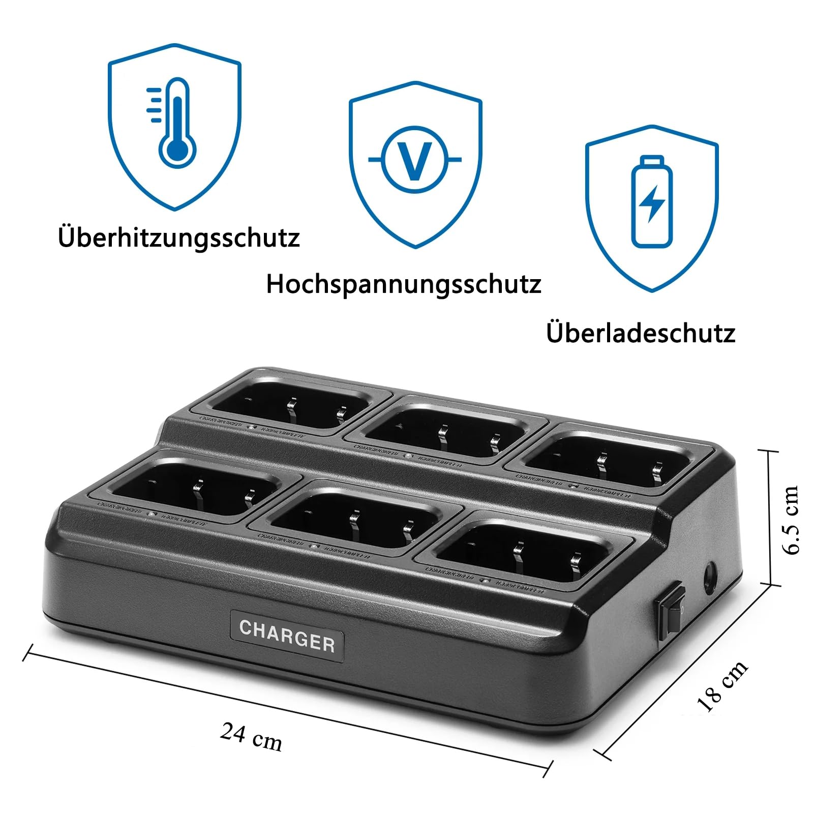 Walkie Talkies PMR446 Funkgeräte Set, pofung PT88E Lizenzfrei Funkgerät 6er | 16 Kanäle Handfunkgerät Eingebauter LED Taschenlampe Walki Talki Wiederaufladbare 6-Wege-Ladegerät Base Headset Lager Schwarz