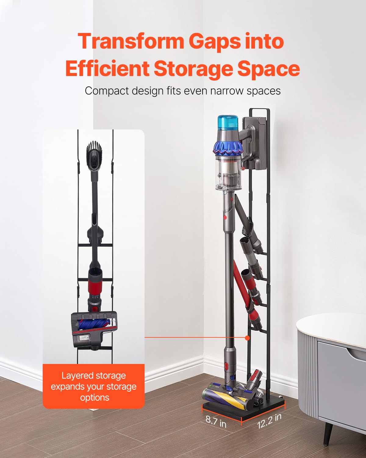 VEVOR Supporto per Aspirapolvere, Compatibile con Dyson V6 V7 V8 V10 V11 V15, Supporto per Aspirapolvere Stabile con Ruote per Aspirapolvere Verticali Senza Fili Dyson DC30 DC31 DC34 DC35 e Accessori