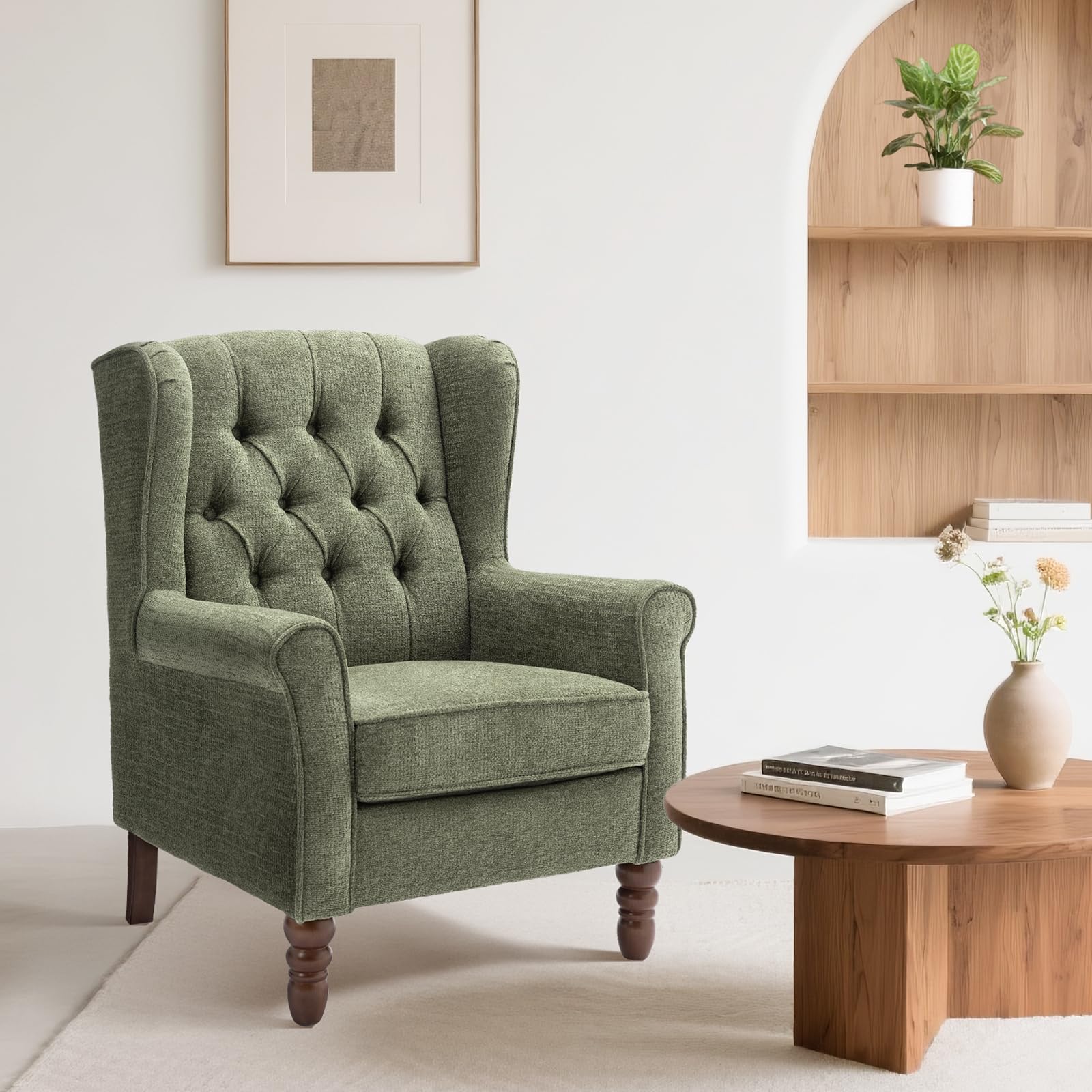 Wingback Armchair for Living Room, Upholstered High Back Accent Chair with Tufted Backrest, Rolled Arms and Solid Wood Legs, Comfortable Reading Chair for Lounge, Bedroom and Reception Area