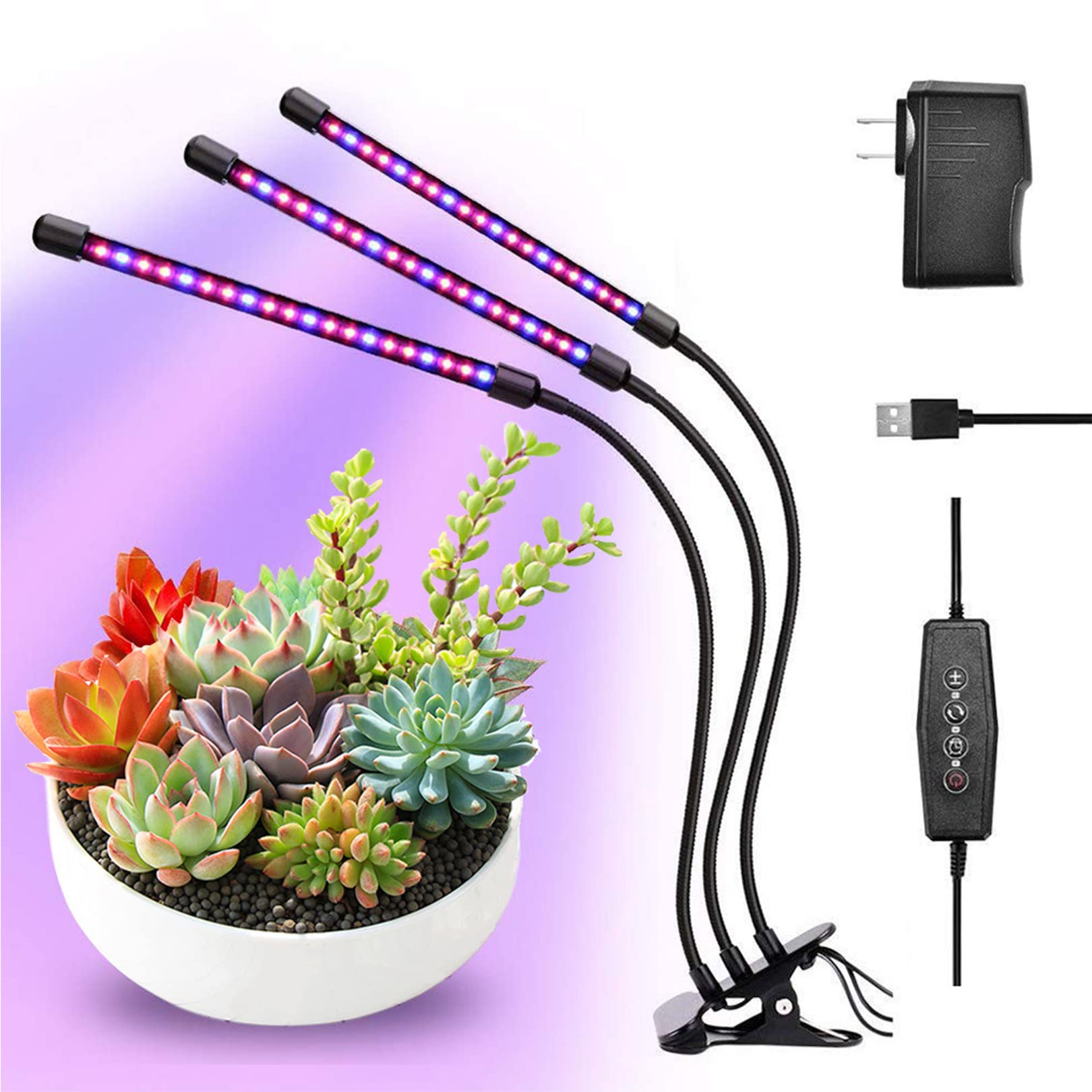 Lampada da Coltivazione per Piante da Interno, Lampada da Coltivazione a 3 Teste a Spettro completo6 con Timer, 60 LED per piantina, Crescita, fioritura