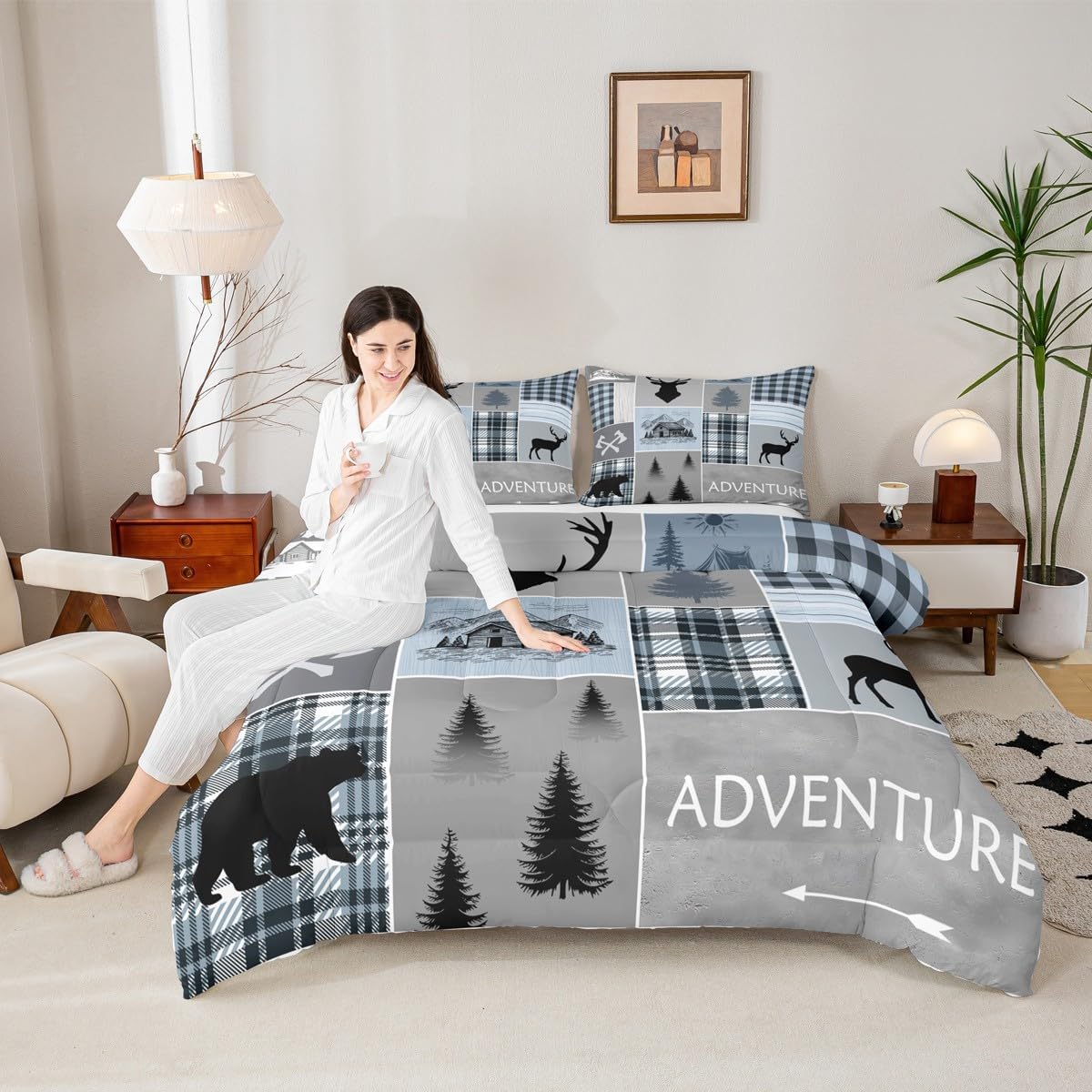 Cabin Comforter Set Bear Deer Rustic Lodge Bedding Set Queen Size For Kids Teens Adult, Camper Wild Animal Quilt Plaid Check Adventure Farmhouse Down Comforter Country Cowboy Hunting Decor, Blue Gtey