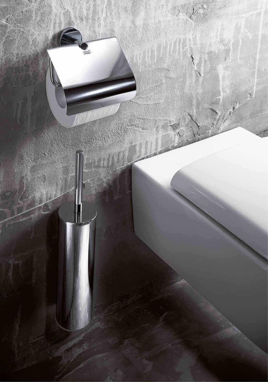 INDA - Accesorios de baño, Serie My Love, portaescobillas de Pared o Tierra, escobilla de Repuesto Incluido, latón, Cromado/Blanco, 9 x 9 x 40 cm, SKU: AV014ACR