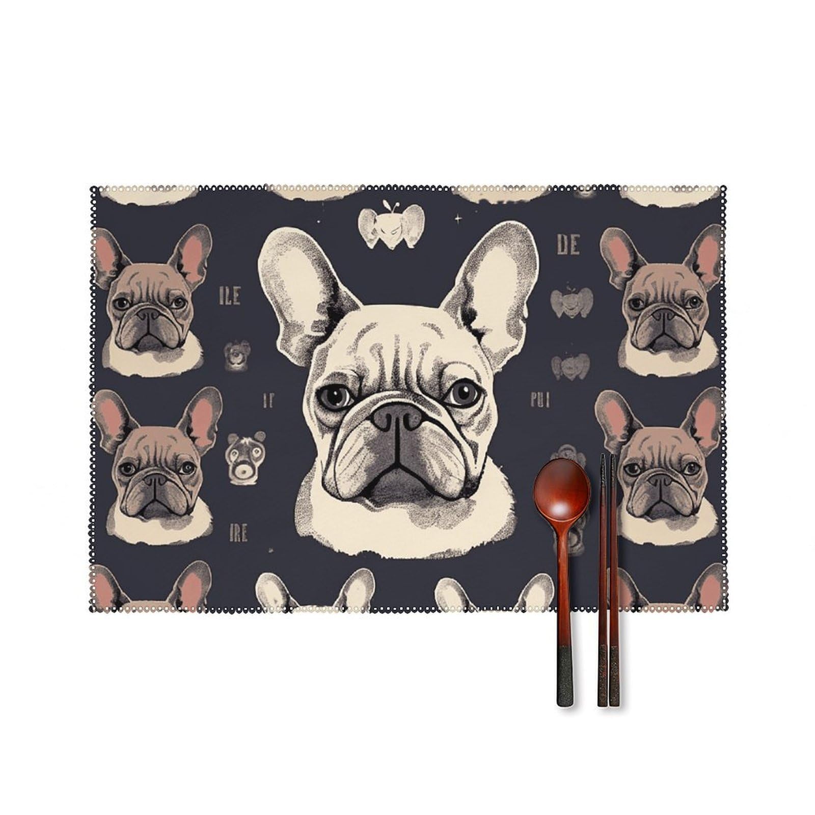 I Love French Bulldog Placemats Set of 6, 12x18 Inch Heat Resistant Washable Canvas Table Mats, Stain Resistant Decorative Dining Placemats for Kitchen, Restaurant, Outdoor Party