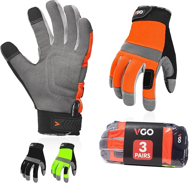 Vgo 3Pairs Gants de travail de sécurité, Gants pour la construction de bâtiments, Gant de jardinage, gants mécaniques légers (M,Black+Fluorescence Green+Orange,SL7584)