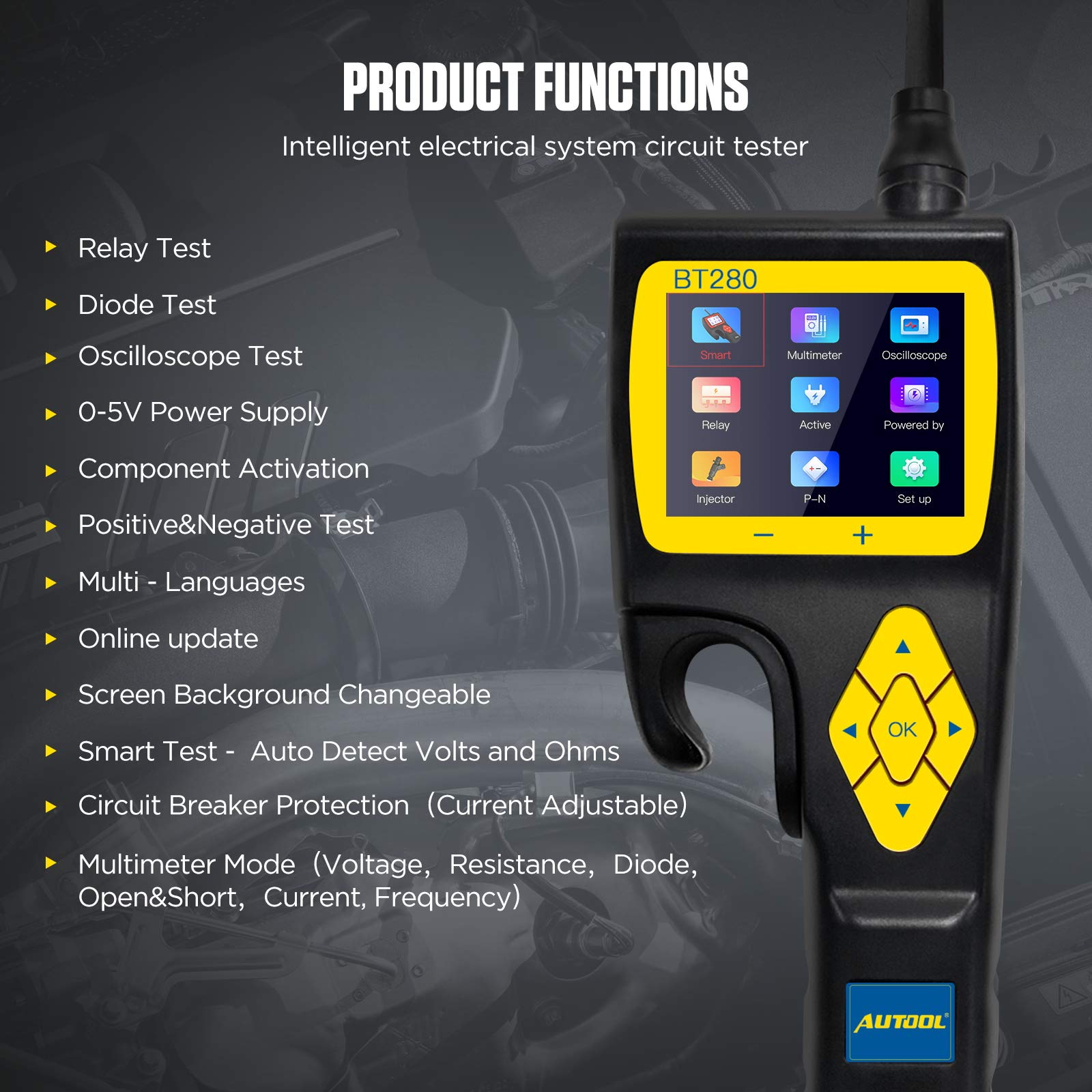 AUTOOL BT280 Comprobador de circuitos para coche 9-30 V con osciloscopio
