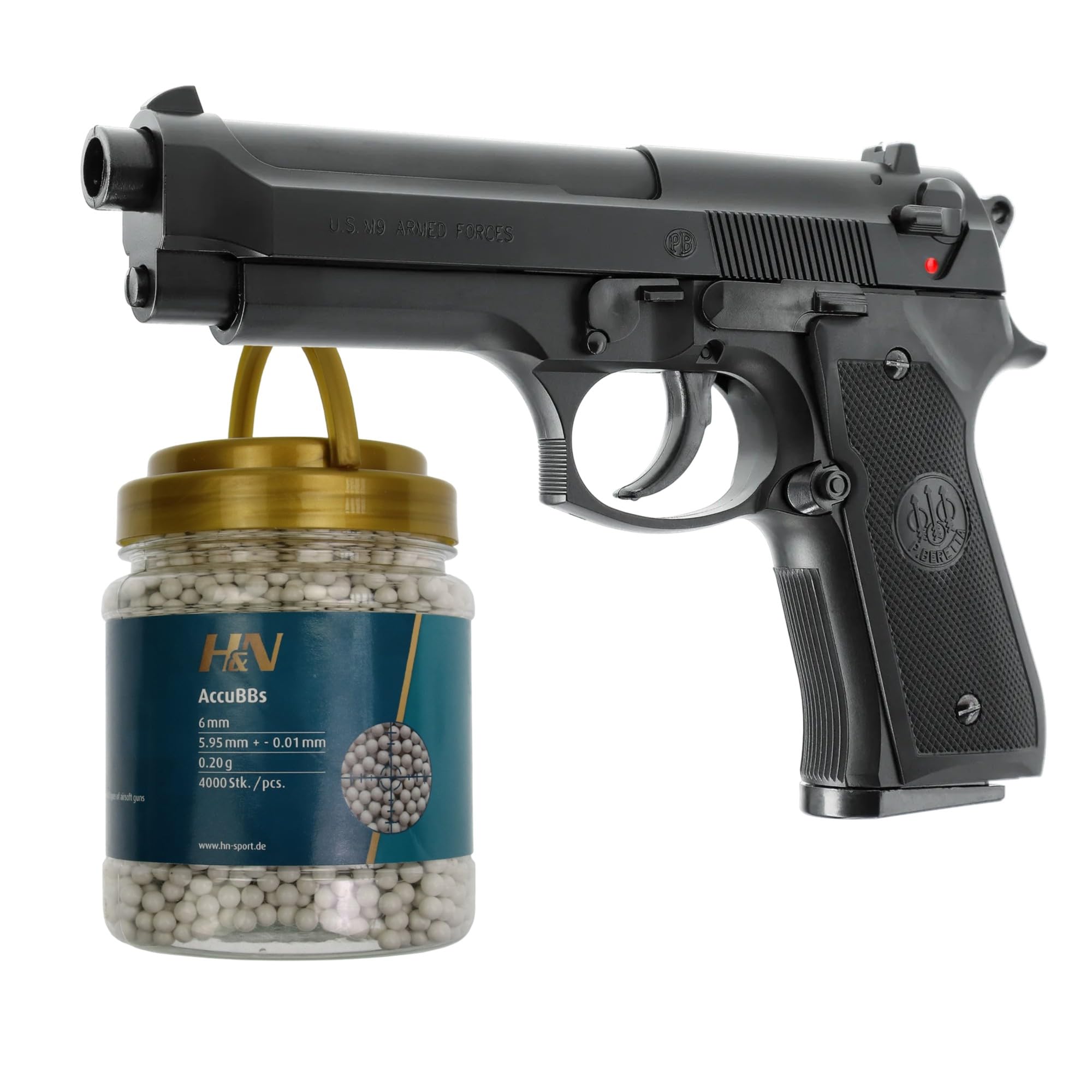 OpTacs Set Airsoft Beretta M9 World Defender 0,5 Joule 6 mm BB Federdruck Softair + H&N Sport Softair Munition Accu BBS Premium 4000 Stück 0,20 g 6mm