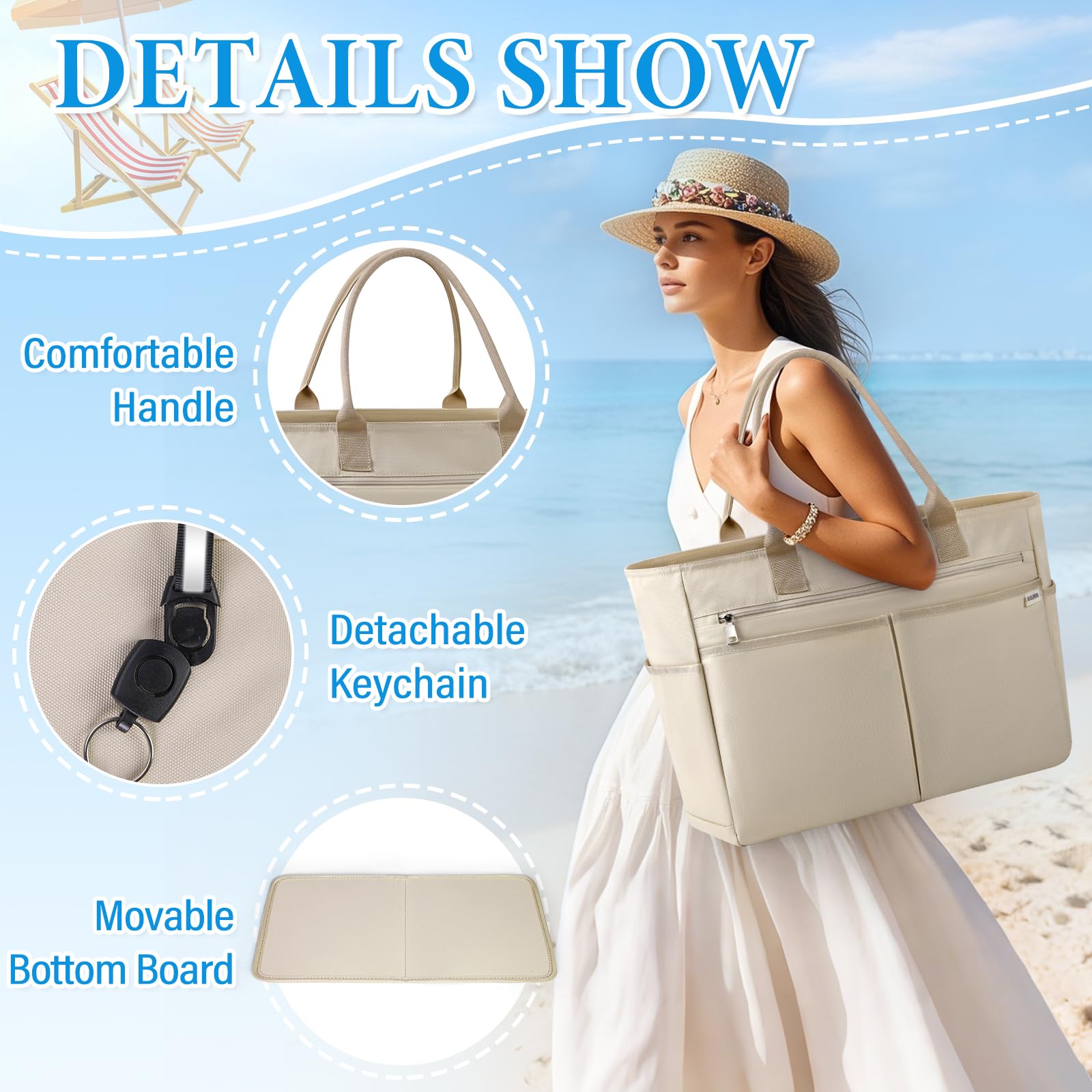 IGOLUMON Strandtasche XXL Familie Groß Badetasche mit Reißverschluss Wasserdicht 40L Vielseitiger Shopper Damen Tote Bag für Strand Pool Fitnessstudio Reisen Khaki