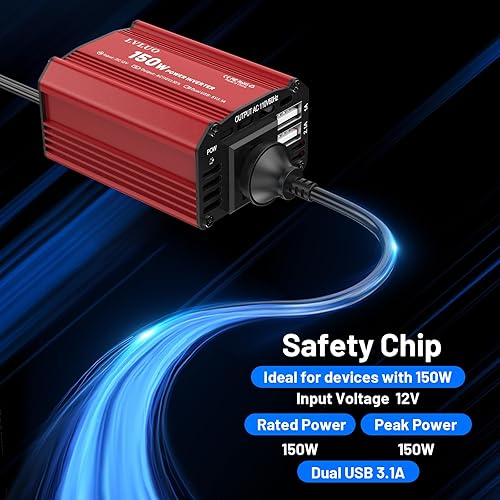Miniatura 4 de LVLUO Inversor de corriente para automóvil de 150 W, 12 V CC a 110 V, adaptador de convertidor de CA, enchufe de salida W3.1 A, cargador de coche