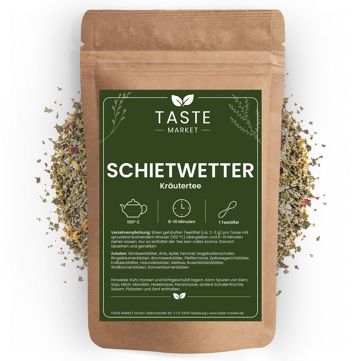 Schietwetter Tee 5 kg Kräutertee lose ohne Zusätze - Teemischung mit Himbeerblättern, Minze & Blüten - Aromatische Kräuterteemischung von Taste Market