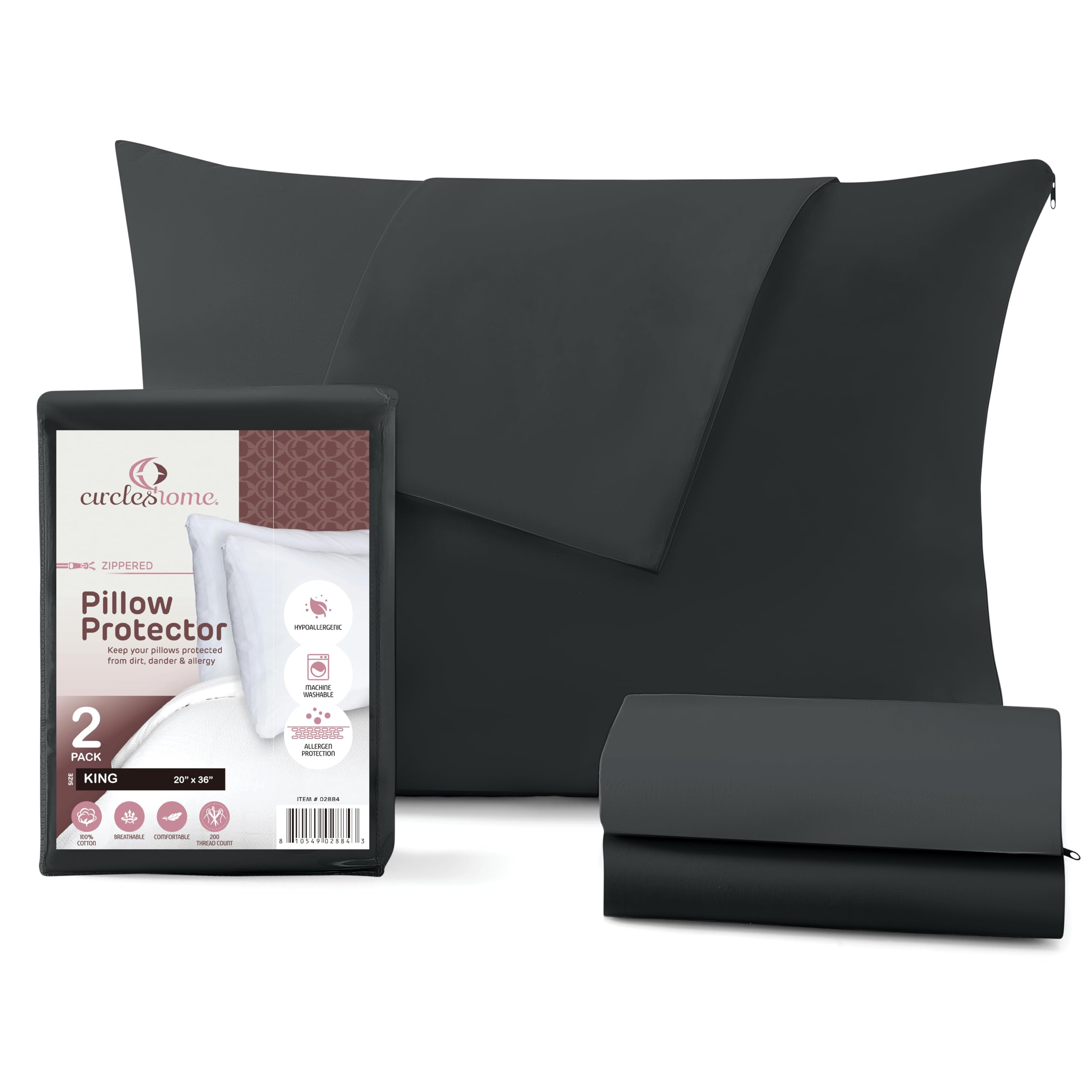 100% Cotton Zippered Pillow Protector (2 pck) Standard - Navy (King Set of 2, Charcoal)