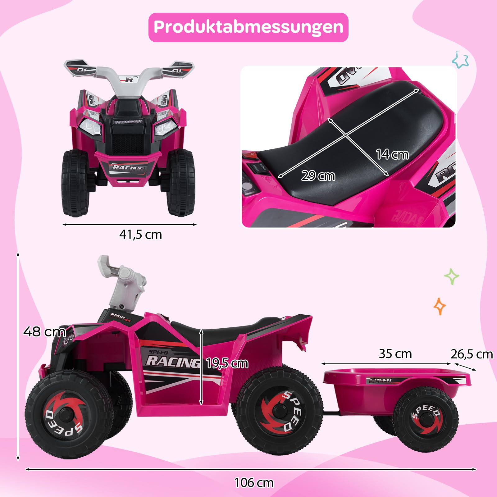 COSTWAY 6V Elektro Kinder Quad, Kinderquad mit abnehmbarem Anhänger, 2-3 km/h, Elektroquad mit Scheinwerfer, Vorwärts-& Rückwärtsfunktion, Mini Elektroauto ATV für Jungen & Mädchen ab 3 Jahren (Rosa)