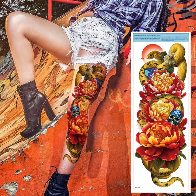 Miniatura 2 de Kotbs 6 hojas de tatuajes temporales, flores de brazo completo, pez dorado, serpiente, tatuajes falsos para adultos y hombres, fundas de tatuaje