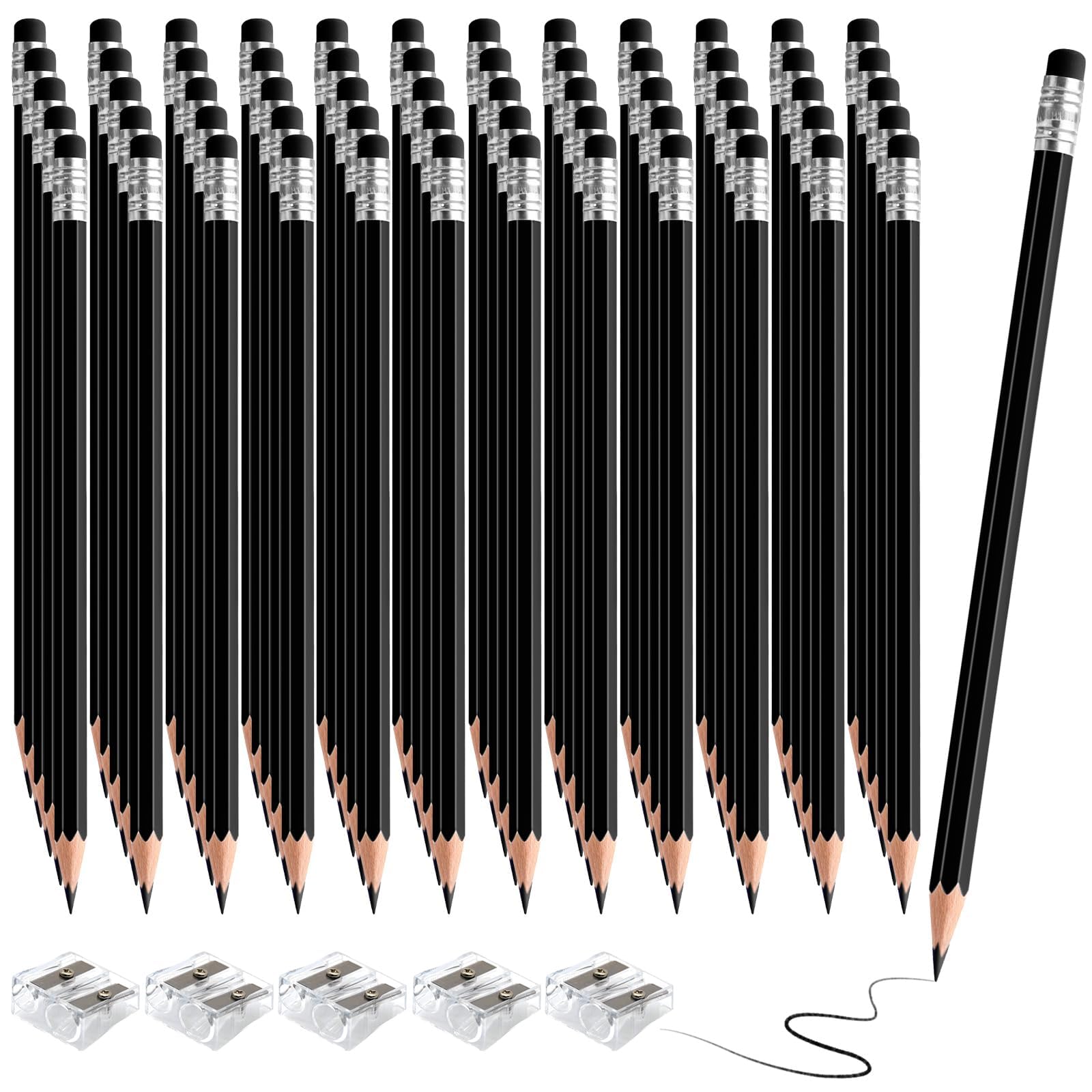 60 matite colorate cancellabili con gomma pre-temperate, 2 HB per controllo, classificazione, test e forniture per ufficio/scuola (nero)