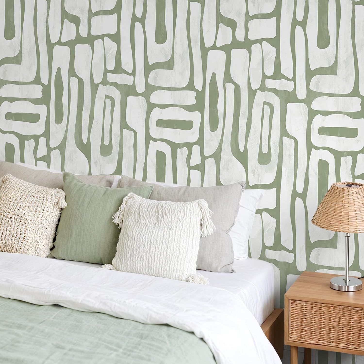 VEELIKE Sage Green Geometric Peel and Stick Wallpaper Modern Abstract Wallpaper for Bedroom Bathroom Accent Walls 17.7''x354'' Self Adhesive Mid Century Wall Paper Geometric Contact Paper Removable