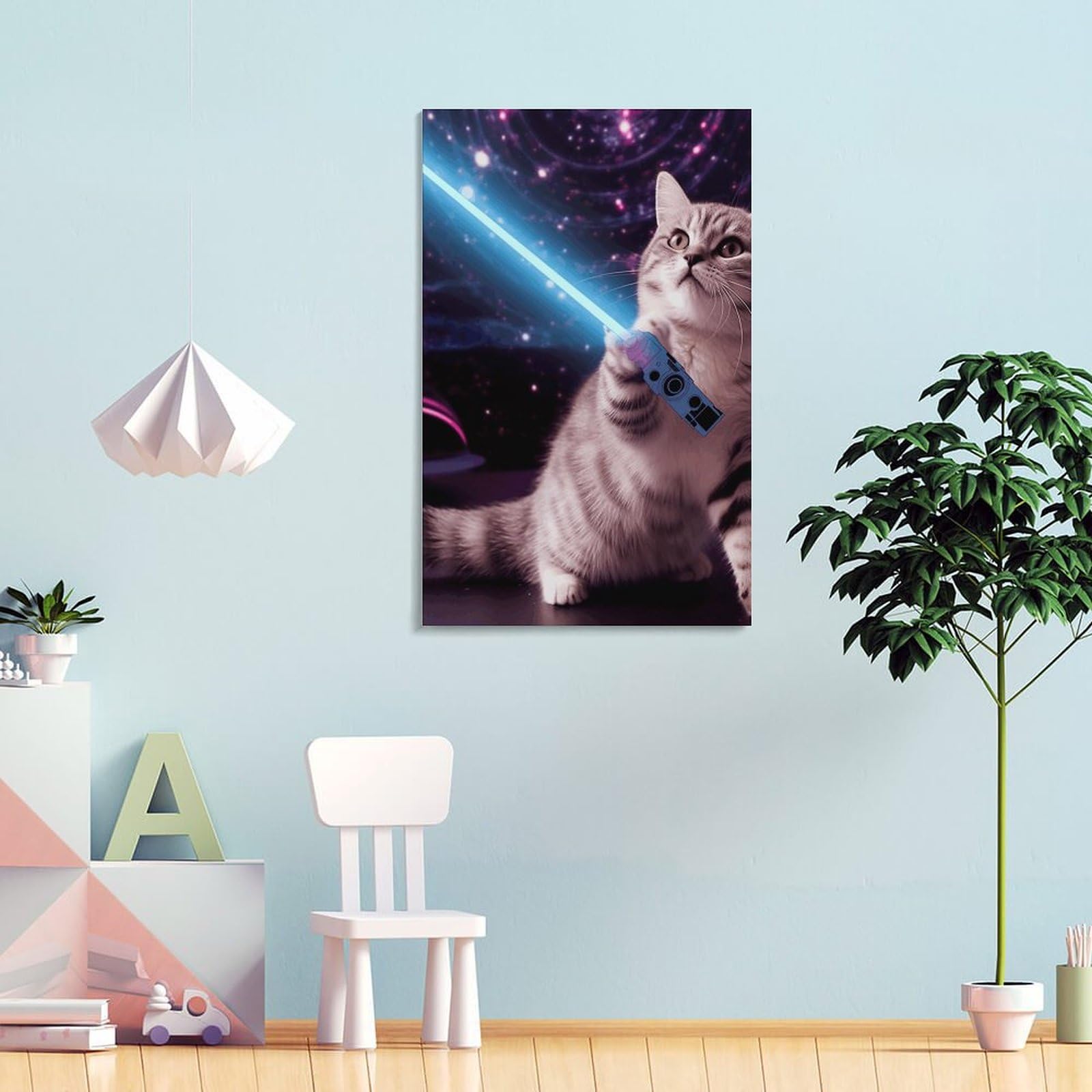HEBVNJF Leinwandbild, Kunstwerk, Weltraum, Laserkatze, Neuheit, niedlich, lustig, Wandkunst, Wandkunstdruck, Poster für Wohnzimmer, Dekoration, Schlafzimmer, Büro