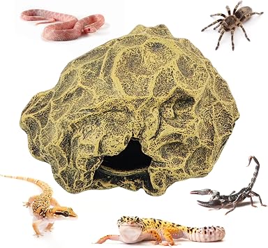 Small Hideout for Reptiles,Reptile Hide Cave Resin Gecko Habitat Decor 2 in 1 Multi-Functional Leopard Gecko Tank Accessories Hideout with Detachable Base as Food Bowl