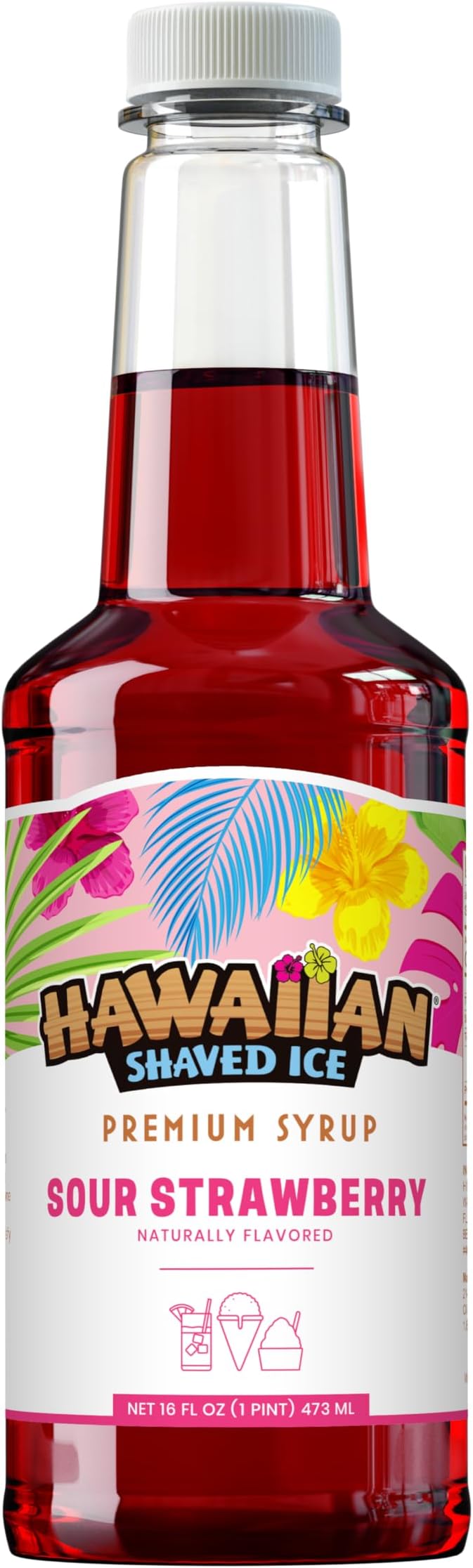 Hawaiian Shaved Ice Sour Strawberry Syrup - Nut Soy Dairy Free - Flavor Fluffy & Crunchy Snow Cones - Shelf Stable - Makes 8 Servings - 16 ounces