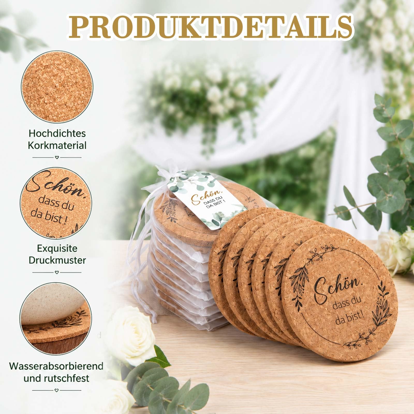 BBTO 50 sous Verres en Liège pour Cadeaux de Mariage avec Carte et Sachet en Organza sous-Verres pour Communion Décorations de Baptême Cadeau d'anniversaire Décorations de Table pour Garden