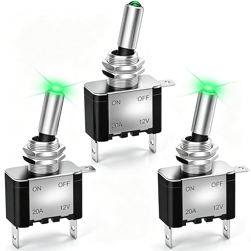 Chave tipo rocker iluminada Twidec 12 V 20 A SPST ON/OFF com LED verde ASW-07DG – Kit com 3 unidades