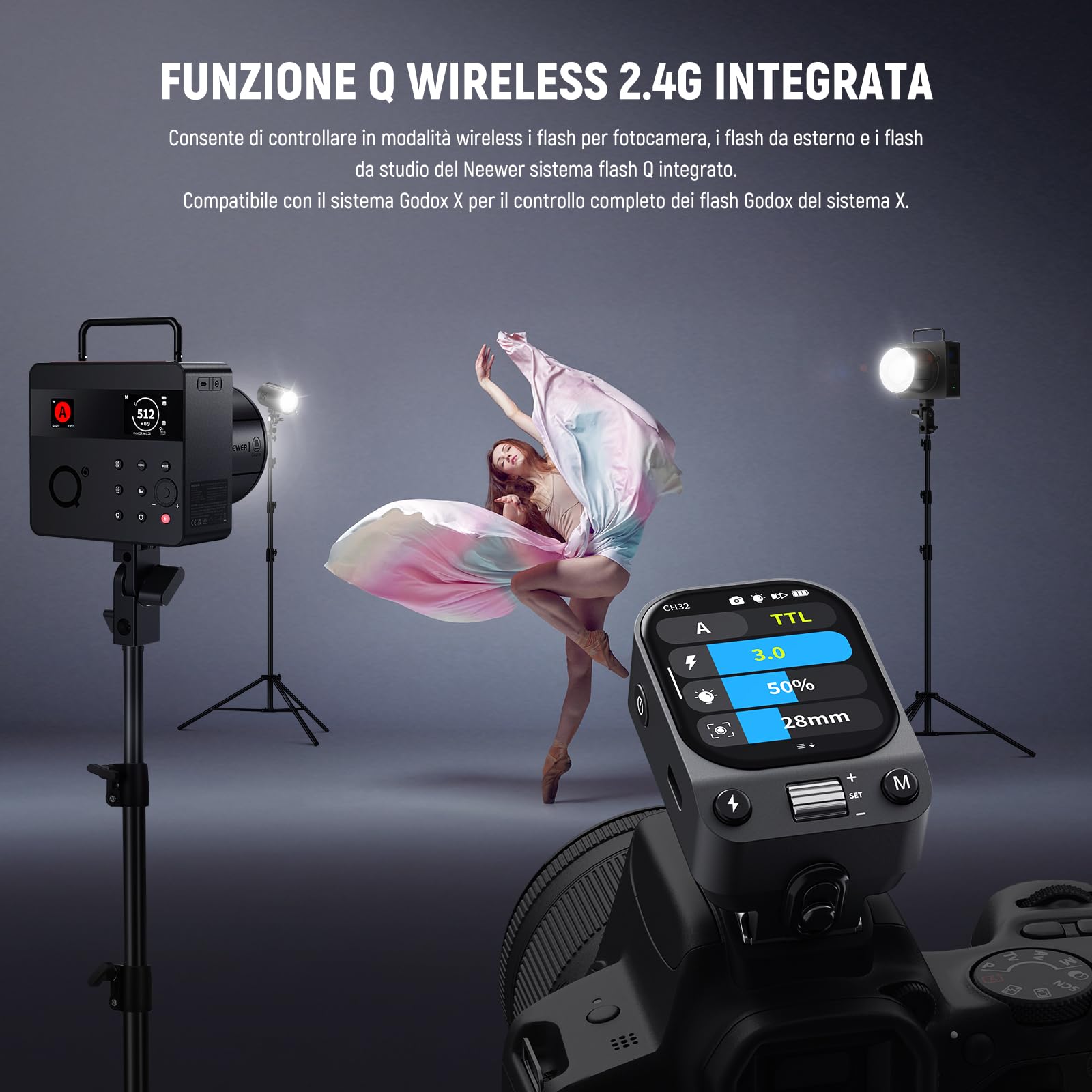 NEEWER QZ-C Trigger Flash Wireless 2.4G TTL Compatibile Con Canon, Godox IT32 V1 V100 AD200 Pro II, Trasmettitore Flash Hot Shoe Con Touchscreen OLED, 1/8000s HSS, Batteria 1000mAh, Interruttore CM