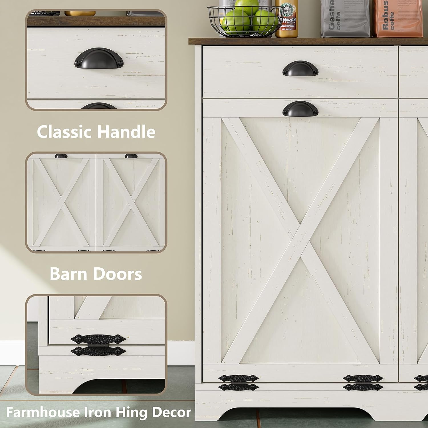 Furniouse Farmhouse Trash Can Cabinet, Double Tilt Out Trash Bin Cabinet with Barn Doors & Hideaway Drawers for Kitchen, Antique White