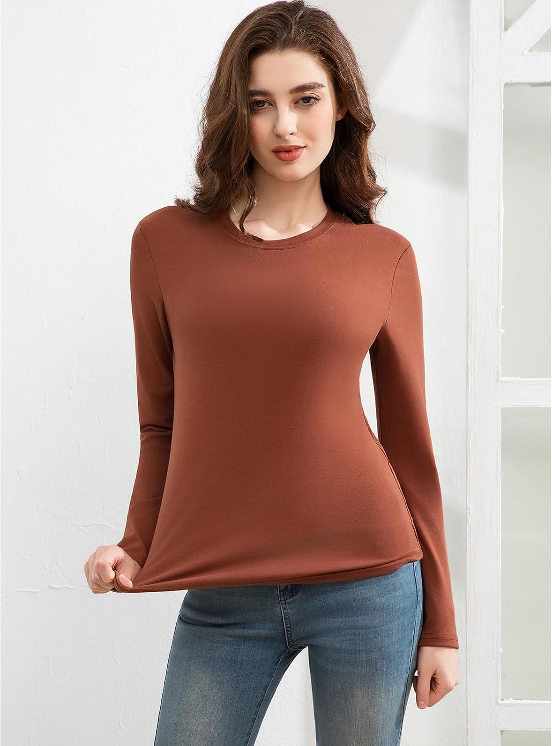 Slim Fitted Long Sleeve Shirts for Women Cotton Tee Tshirts Crewneck Undersrubs Plain Casual Undershirts Tops - Image 3