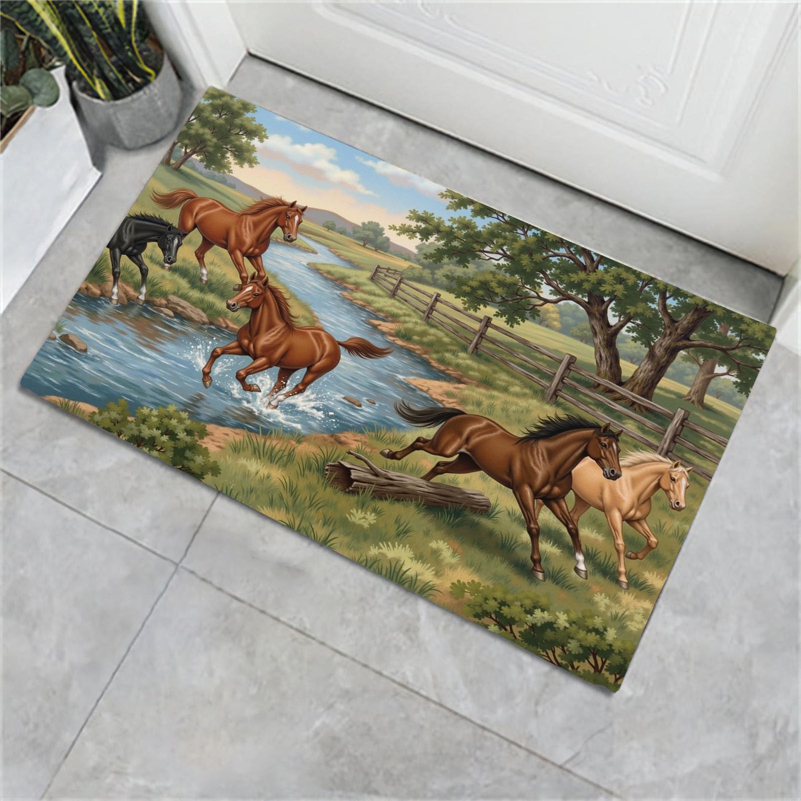 Paillasson forêt chevaux pour entrée et couloir style rustique vert olive