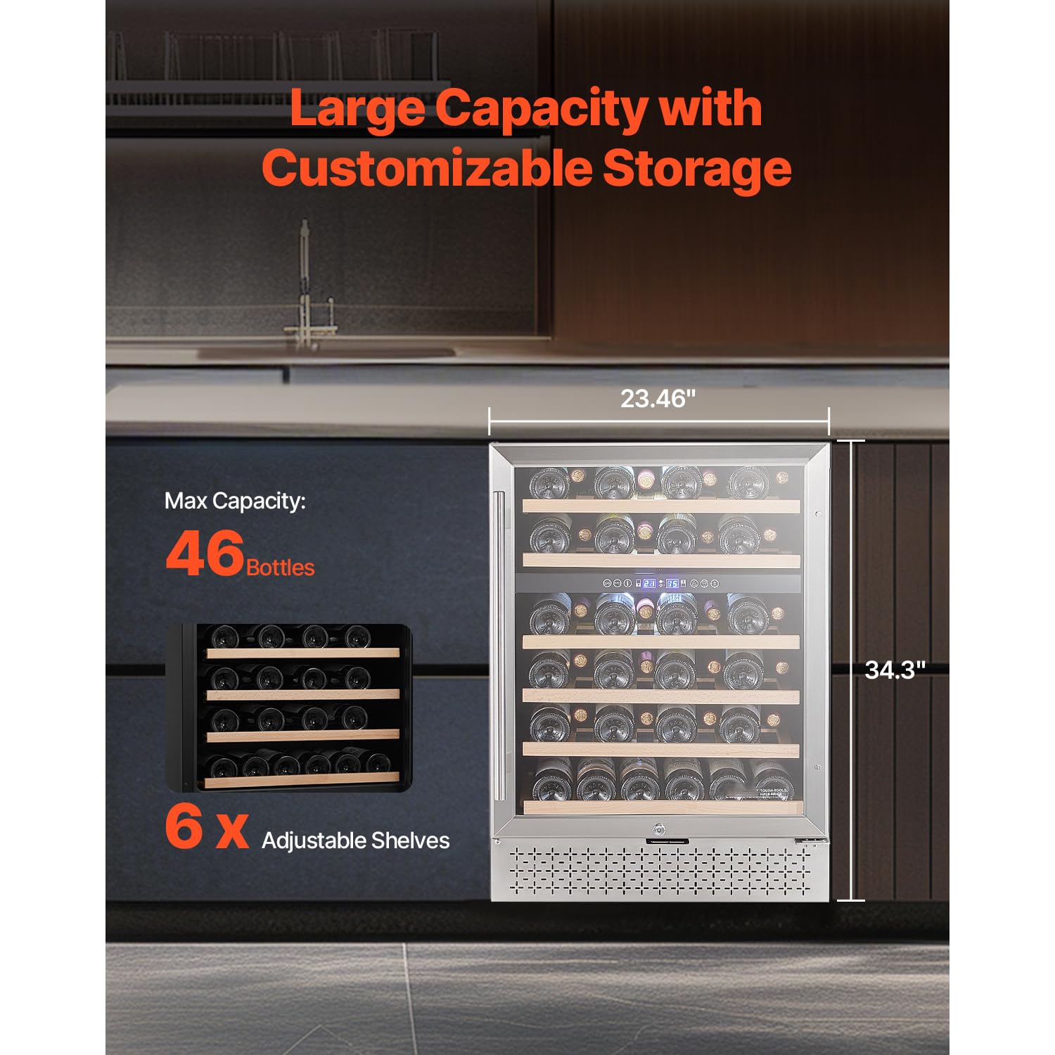 Happybuy 46 Bottle Dual Zone Wine Cooler - A Dream for Wine Lovers! This wine fridge, capable of storing 46 bottles of 750 ml Bordeaux wine, comes with a glass door, adjustable shelves.