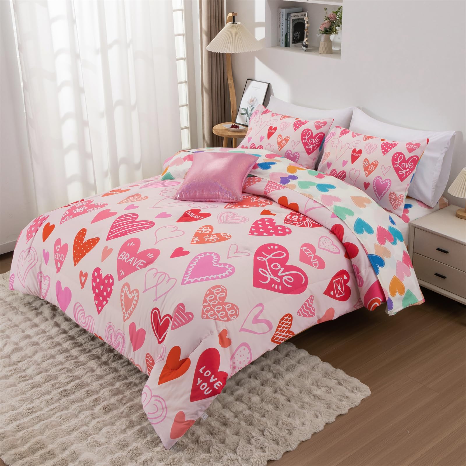 Holawakaka Girls Twin Beige Comforter Set with Sheets, 6 Pieces Boho Love Hearts Bedding Sets for Women Kids Teen-Girls, Bohemian Girly Pinky Bed in A Bag (Beige, Twin)