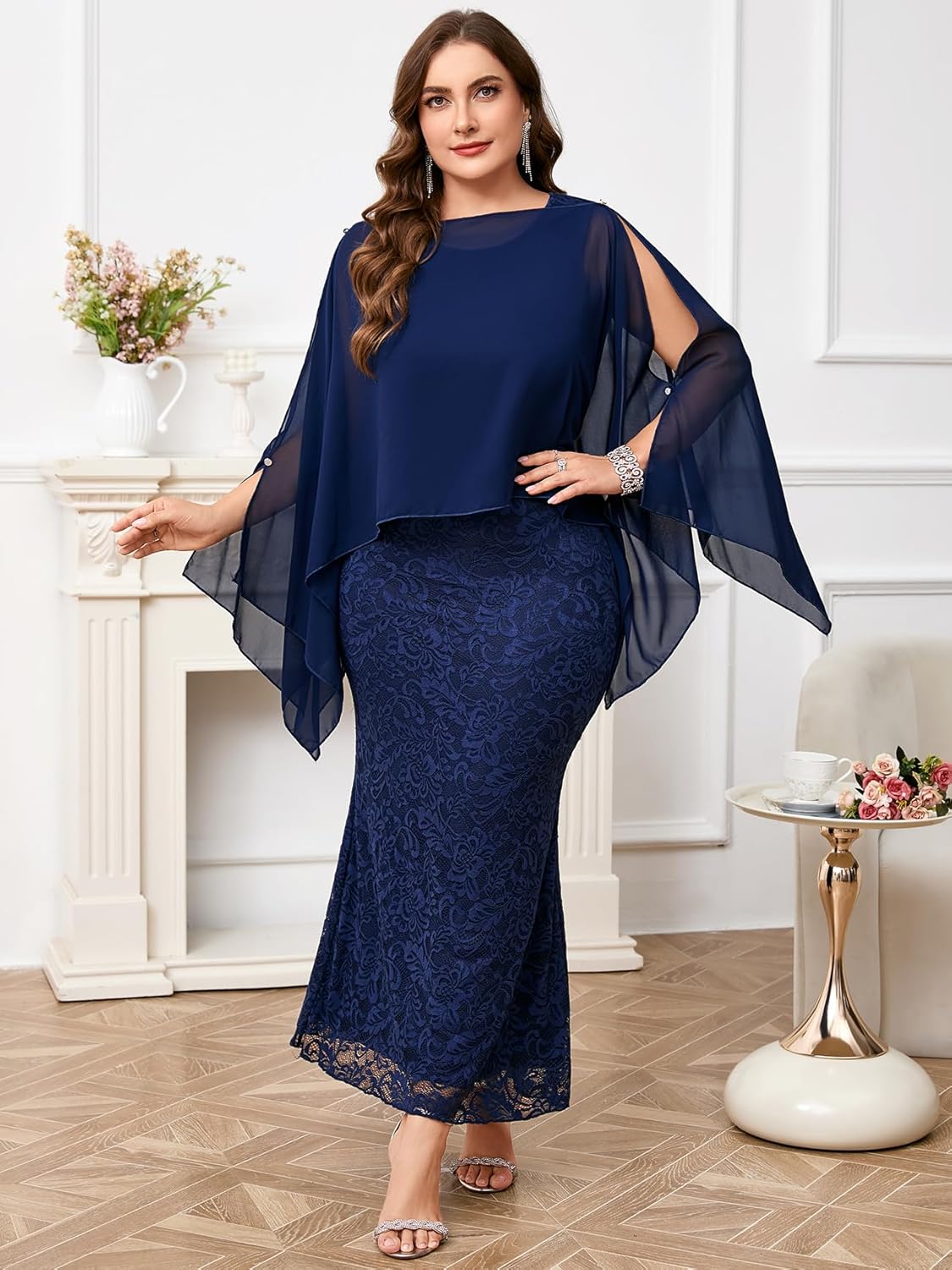 ZOMVA Plus Size 0X-4X Mother of The Bride Groom Lace Dress with Chiffon Cape Overlay Long Mermaid Dress Formal Wedding Guest - Image 2